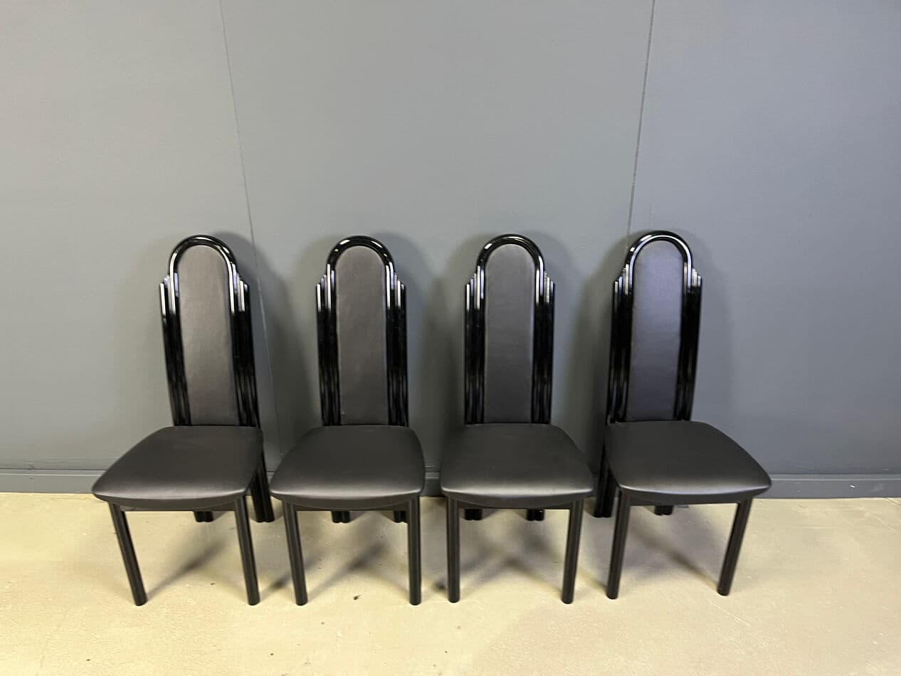 Set of four postmodern dining chairs, black wood, black faux leather, Italy, 1980s. - 330336