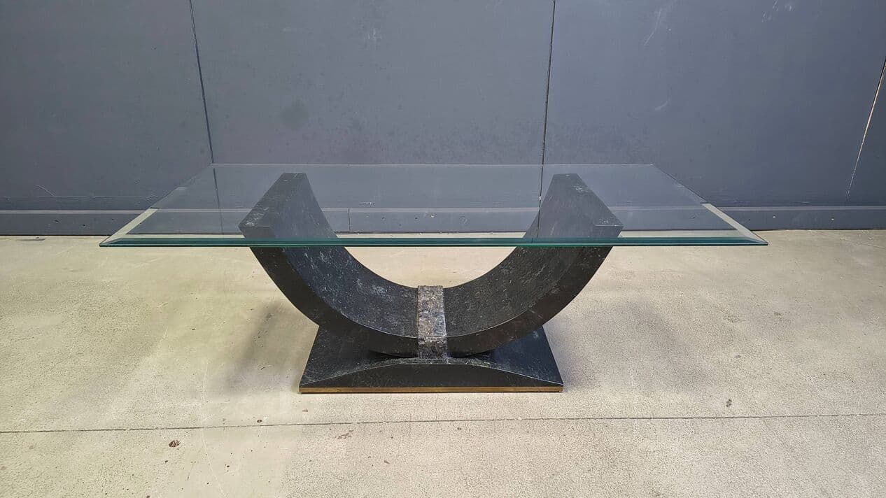 Coffee Table Maitland Smith, black and beige tessellated stone, transparent glass, Belgium, 1980s - 330325