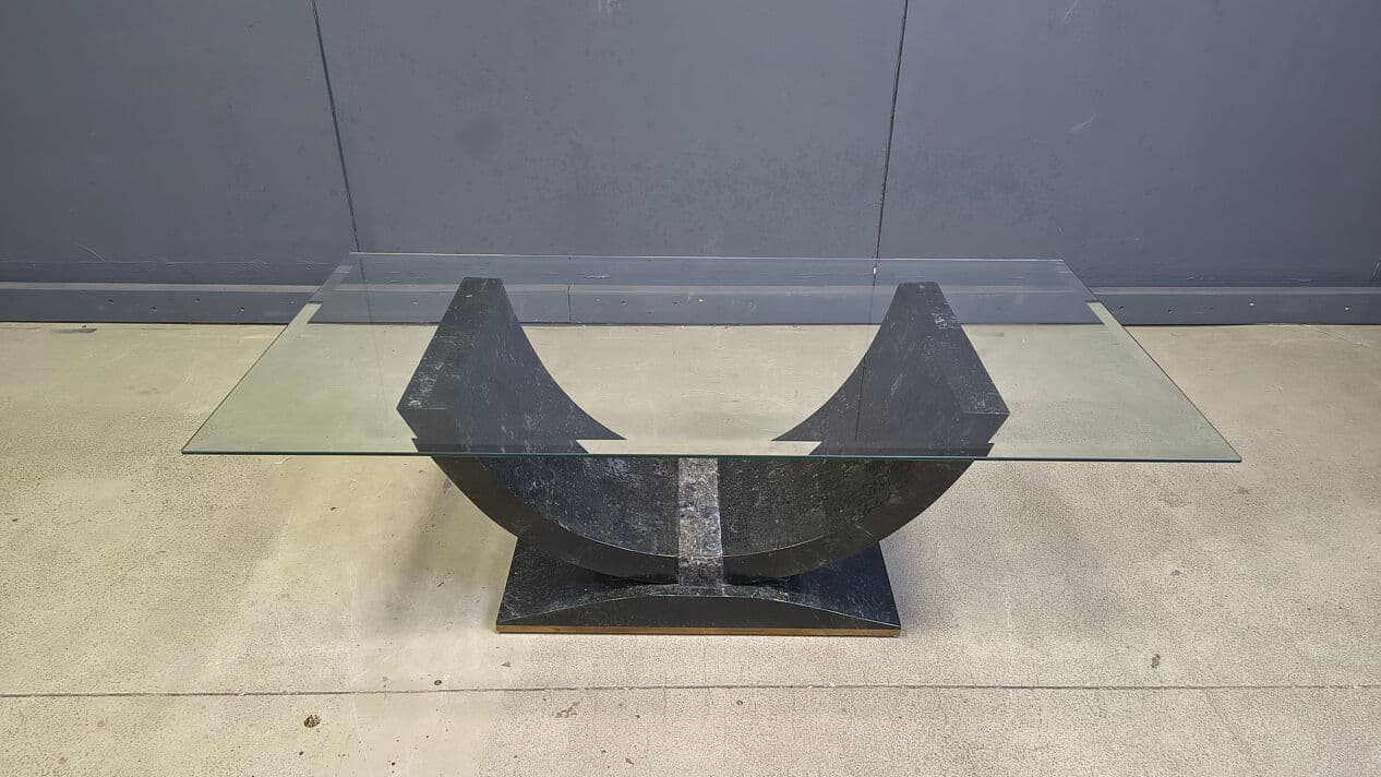 Coffee Table Maitland Smith, black and beige tessellated stone, transparent glass, Belgium, 1980s - 330327