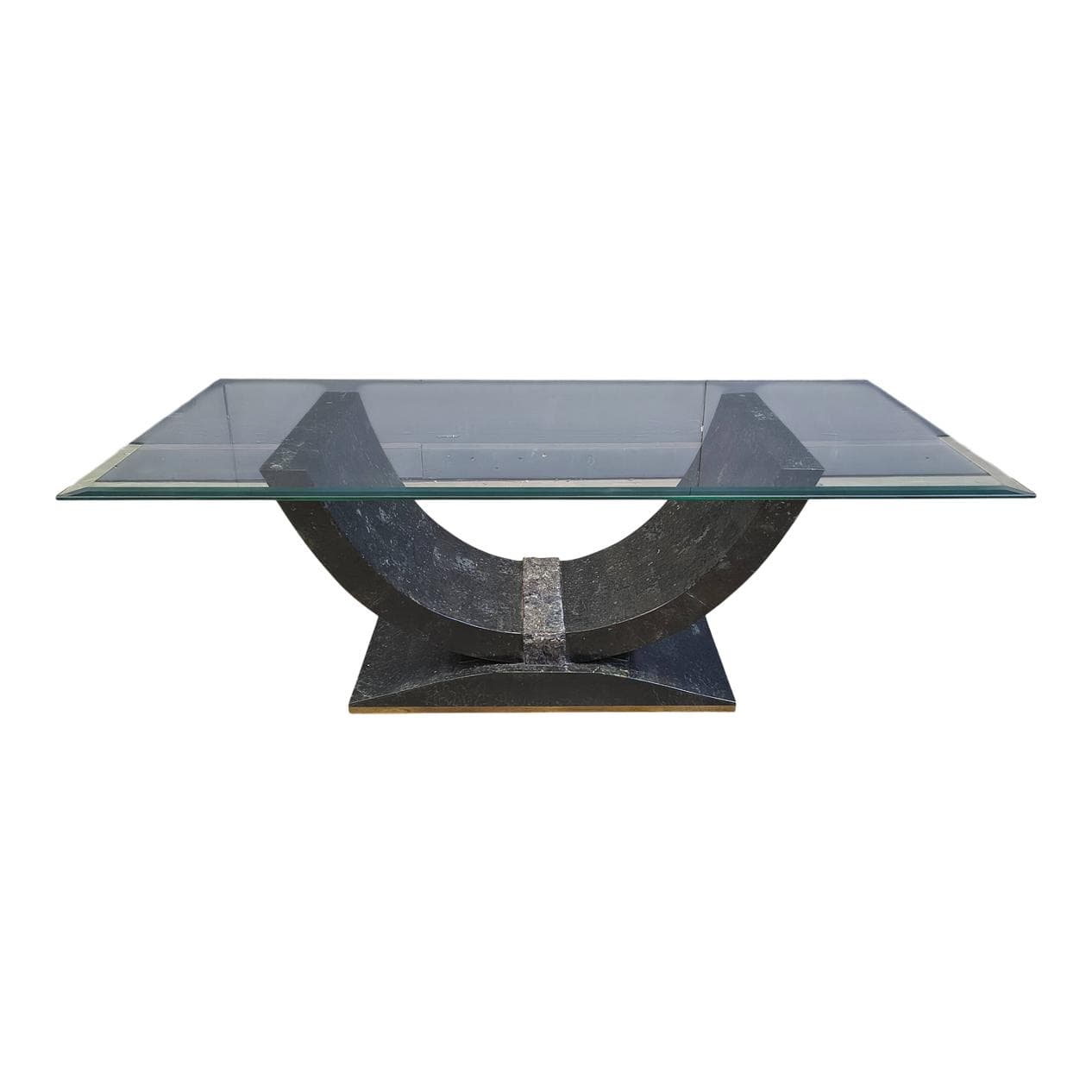 Coffee Table Maitland Smith, black and beige tessellated stone, transparent glass, Belgium, 1980s