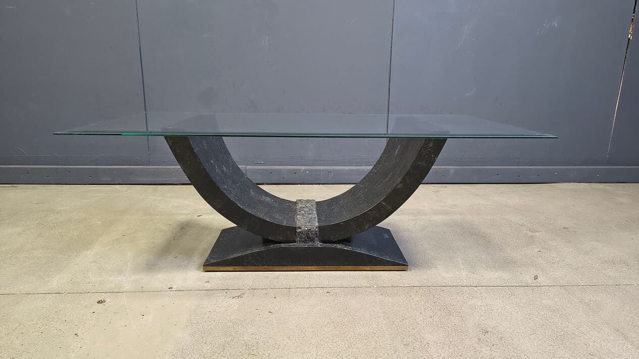 Coffee Table Maitland Smith, black and beige tessellated stone, transparent glass, Belgium, 1980s - 330328