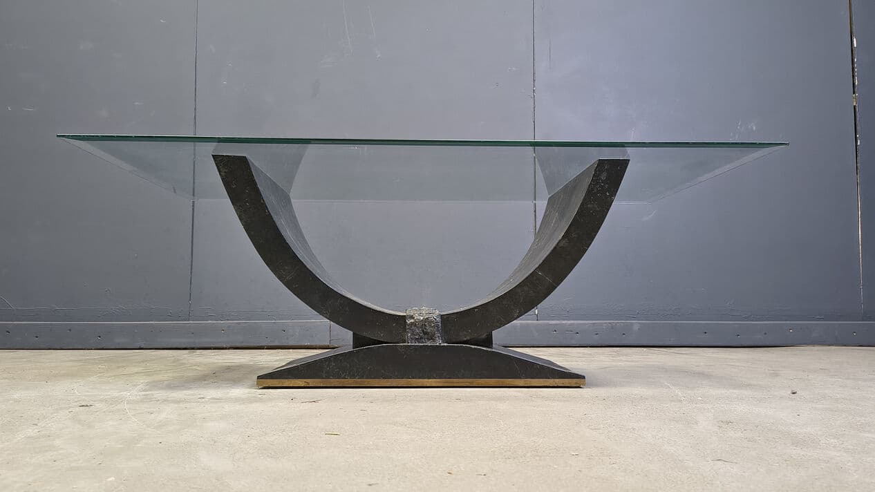 Coffee Table Maitland Smith, black and beige tessellated stone, transparent glass, Belgium, 1980s - 330330