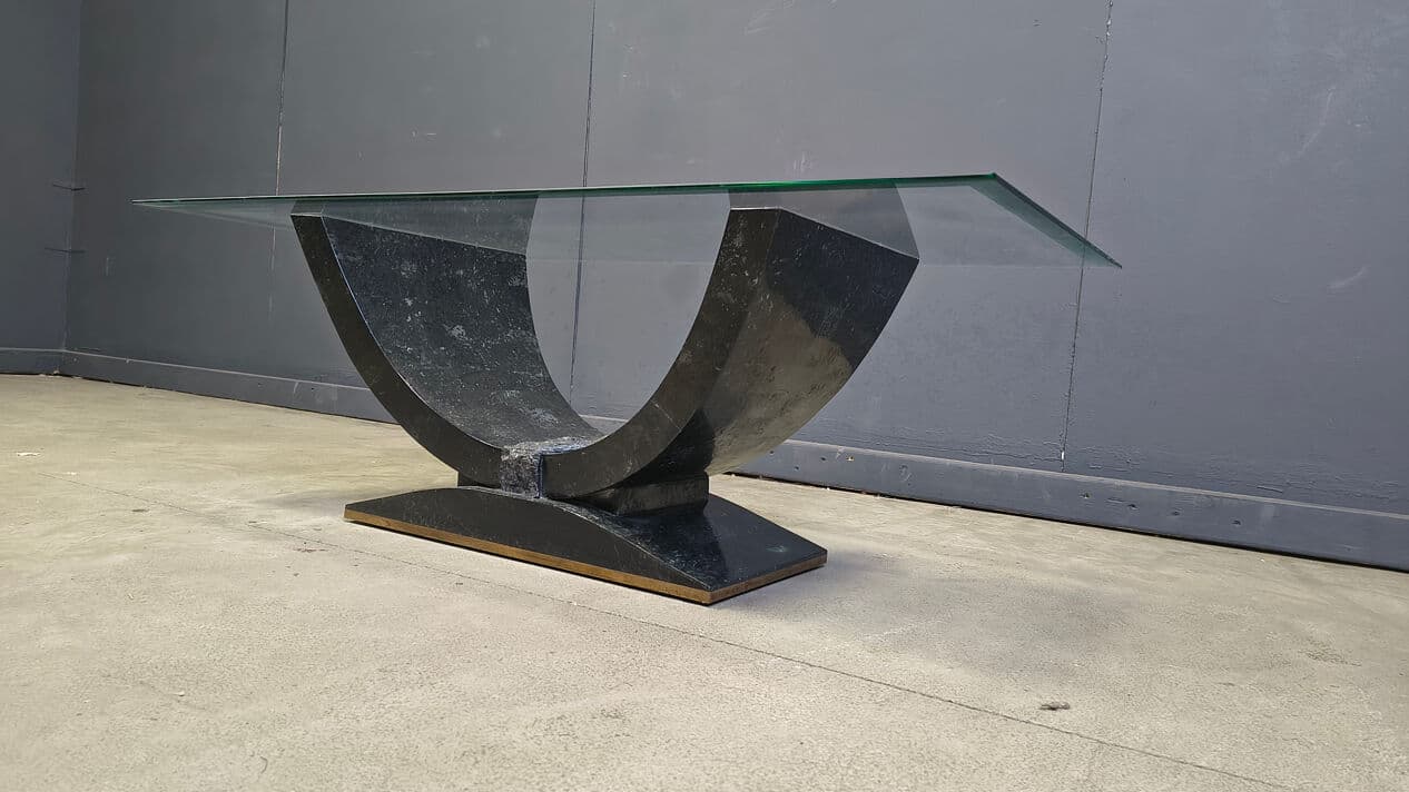 Coffee Table Maitland Smith, black and beige tessellated stone, transparent glass, Belgium, 1980s - 330331