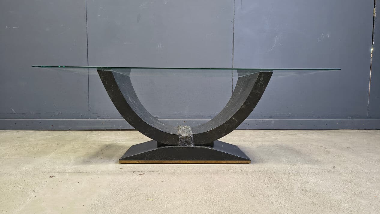 Coffee Table Maitland Smith, black and beige tessellated stone, transparent glass, Belgium, 1980s - 330329