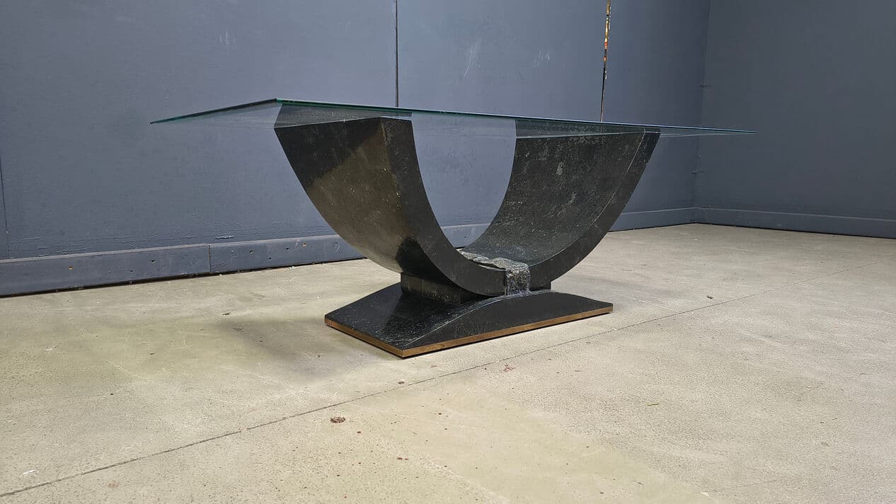 Coffee Table Maitland Smith, black and beige tessellated stone, transparent glass, Belgium, 1980s - 330334