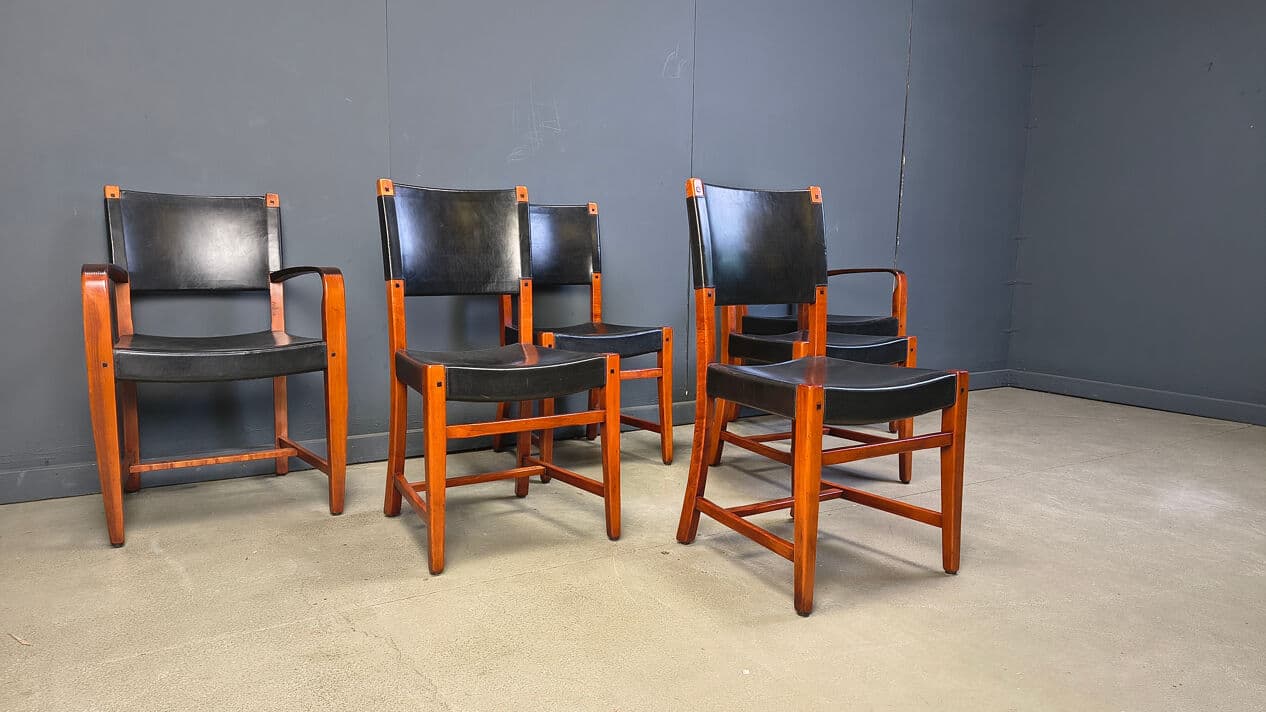 Set of six dining chairs, black leather, brown wood, Spain, 1970s. - 330282