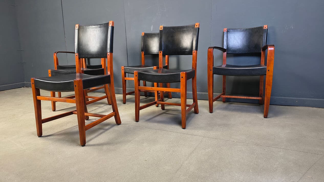 Set of six dining chairs, black leather, brown wood, Spain, 1970s. - 330283