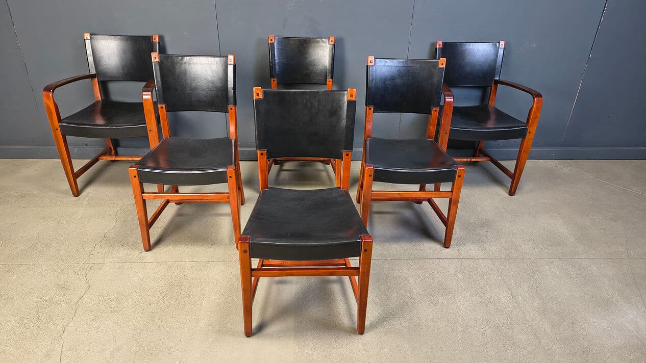 Set of six dining chairs, black leather, brown wood, Spain, 1970s. - 330279
