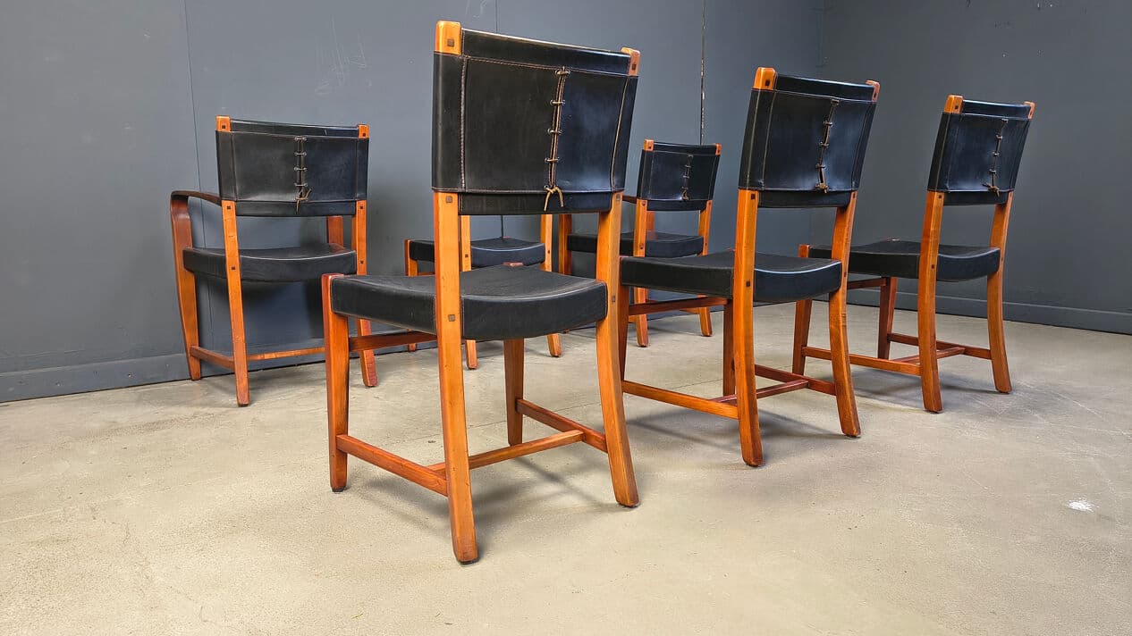 Set of six dining chairs, black leather, brown wood, Spain, 1970s. - 330286