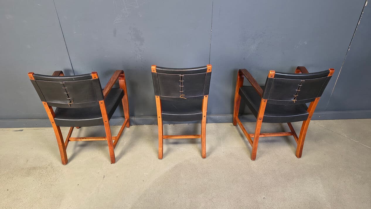 Set of six dining chairs, black leather, brown wood, Spain, 1970s. - 330285