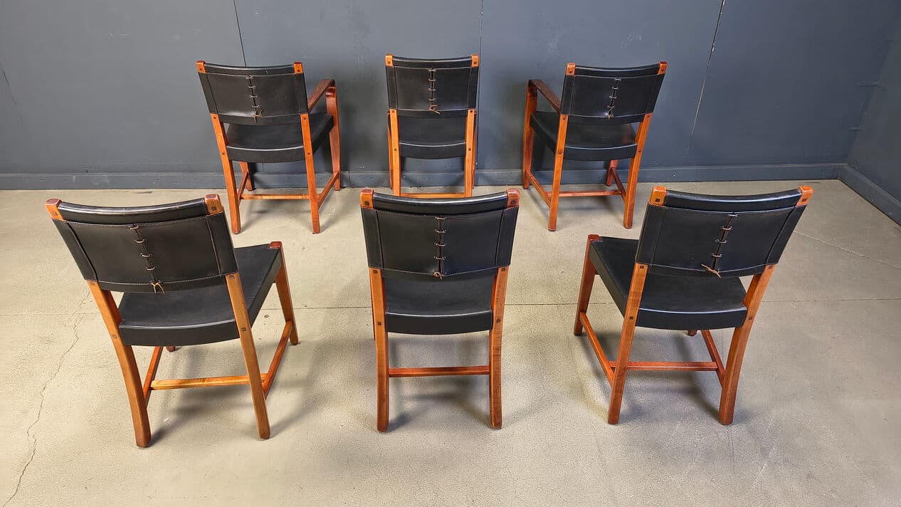 Set of six dining chairs, black leather, brown wood, Spain, 1970s. - 330284