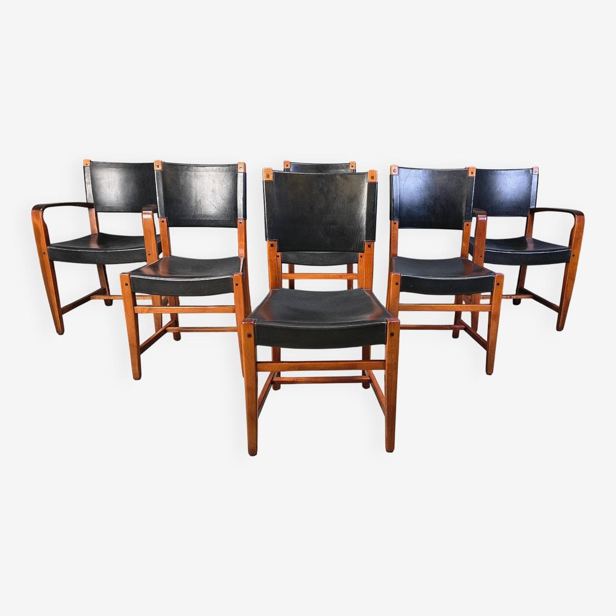 Set of six dining chairs, black leather, brown wood, Spain, 1970s. - 330278