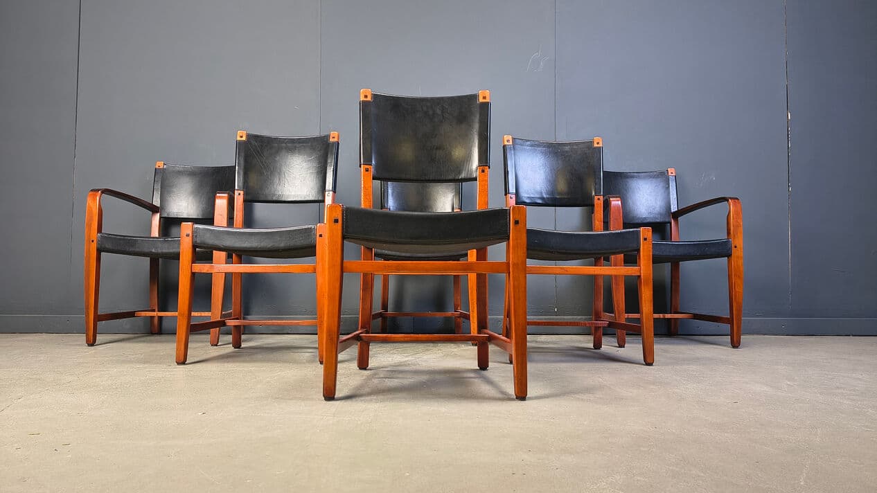 Set of six dining chairs, black leather, brown wood, Spain, 1970s. - 330280