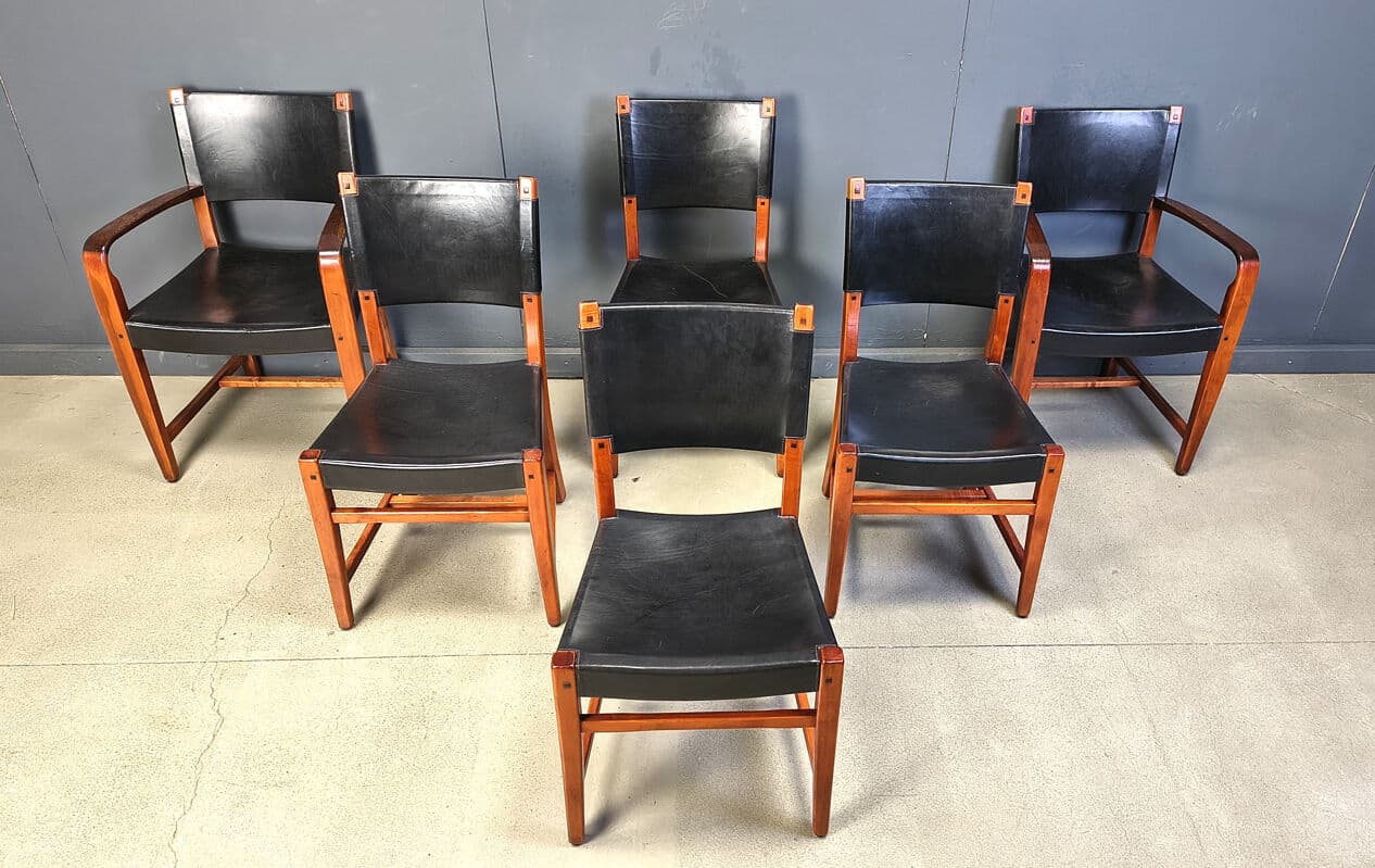 Set of six dining chairs, black leather, brown wood, Spain, 1970s. - 330276