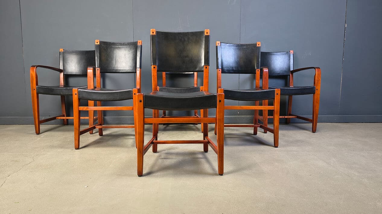 Set of six dining chairs, black leather, brown wood, Spain, 1970s. - 330281