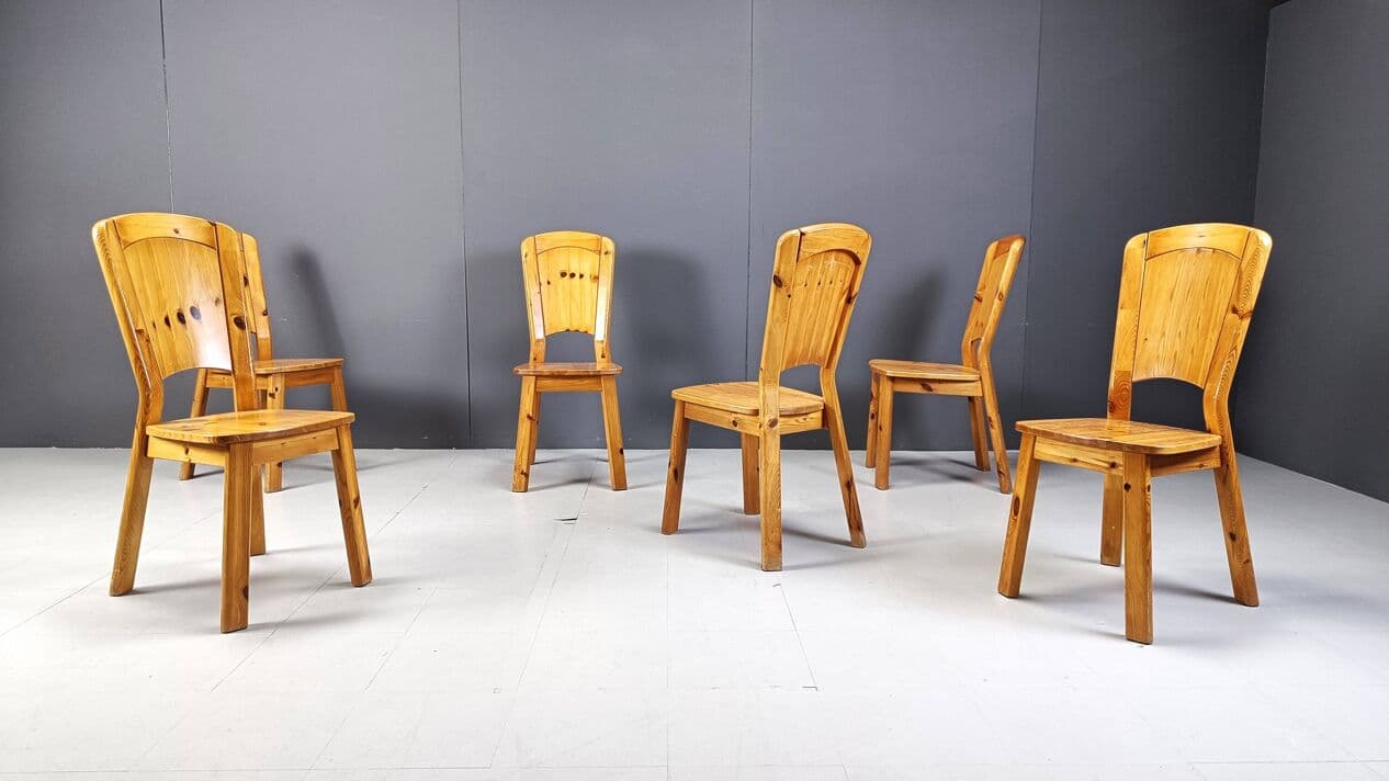 Set of six dining chairs, brown pine, Denmark, 1970s. - 330260