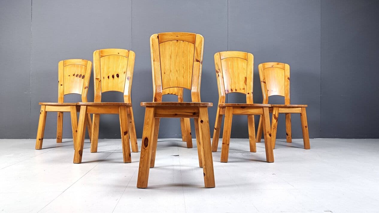 Set of six dining chairs, brown pine, Denmark, 1970s. - 330257