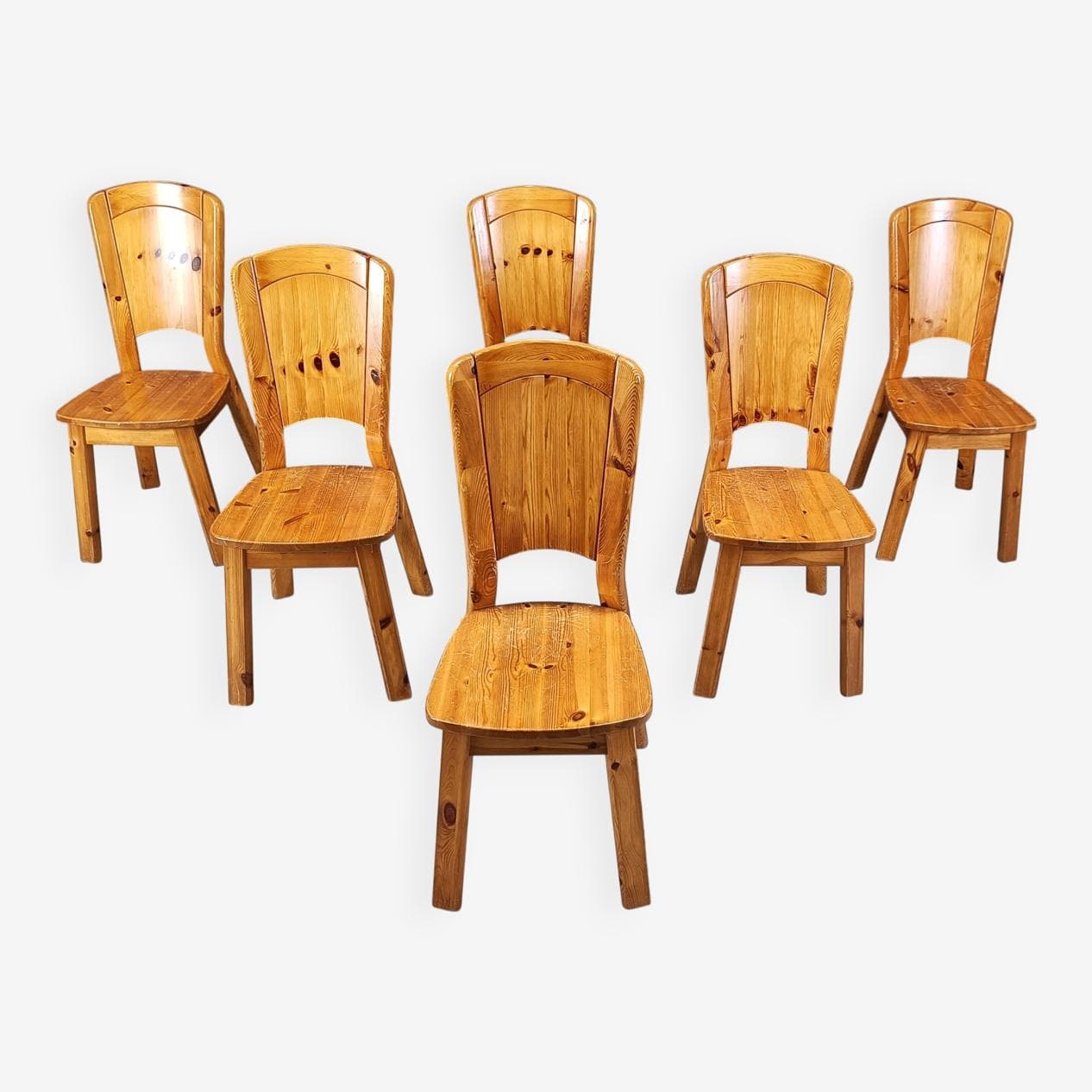 Set of six dining chairs, brown pine, Denmark, 1970s. - 330254
