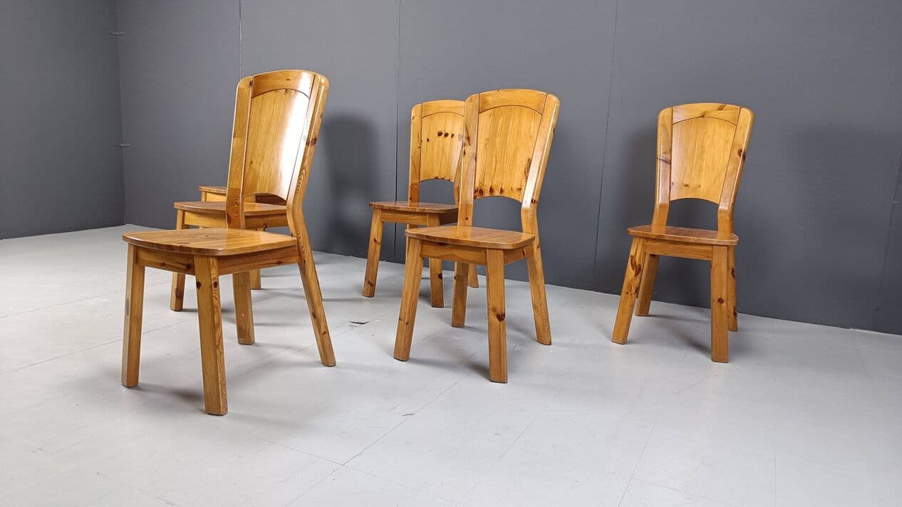 Set of six dining chairs, brown pine, Denmark, 1970s. - 330258