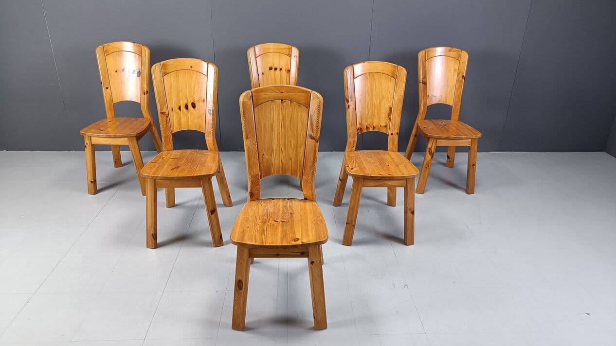 Set of six dining chairs, brown pine, Denmark, 1970s. - 330252