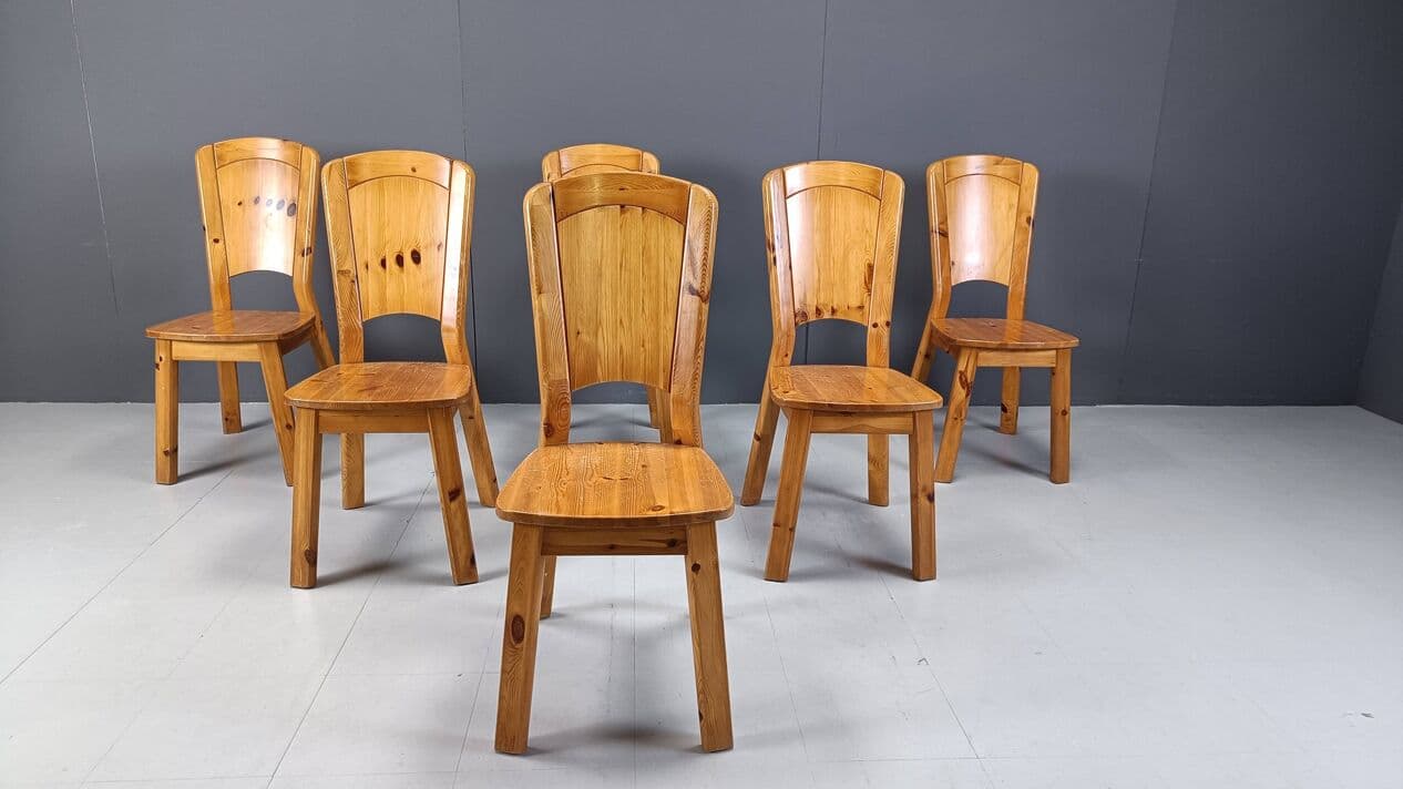 Set of six dining chairs, brown pine, Denmark, 1970s. - 330255