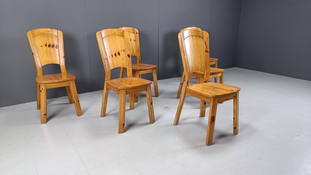 Set of six dining chairs, brown pine, Denmark, 1970s. - 330259