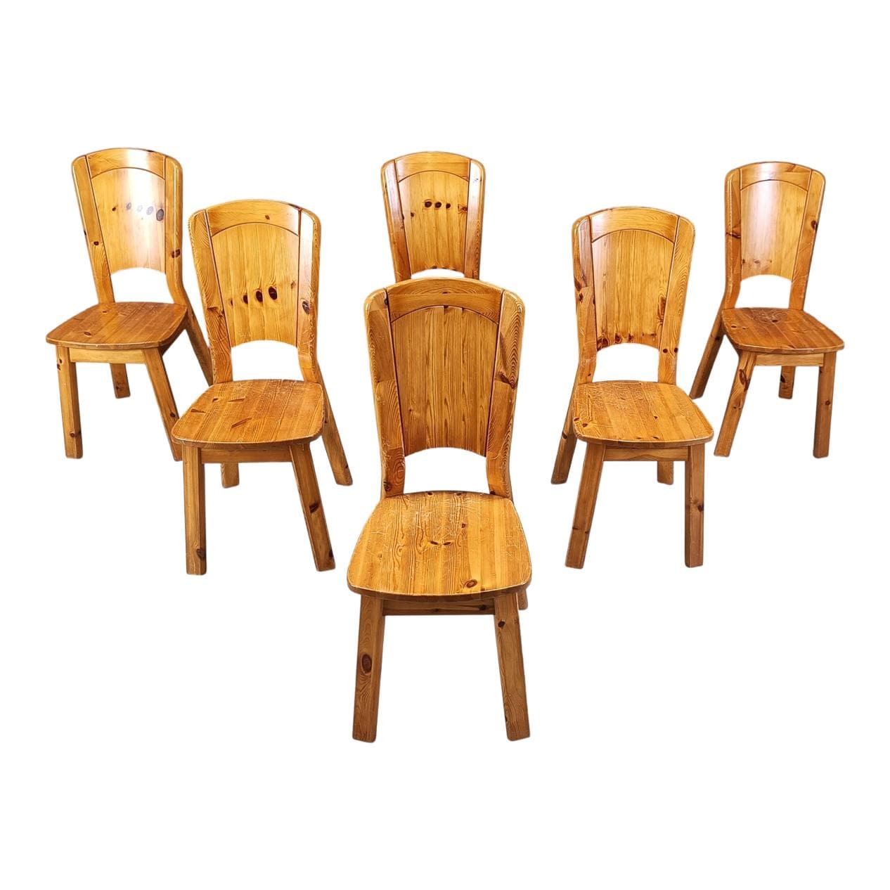 Set of six dining chairs, brown pine, Denmark, 1970s.