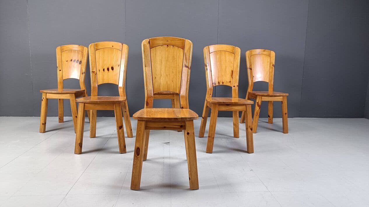 Set of six dining chairs, brown pine, Denmark, 1970s. - 330256