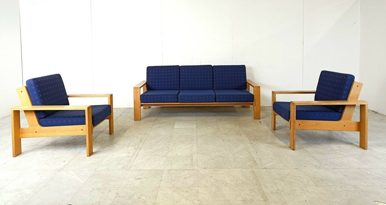 Three-piece Scandinavian sofa set, blue fabric, natural wood, Finland, 1970s. - 330243