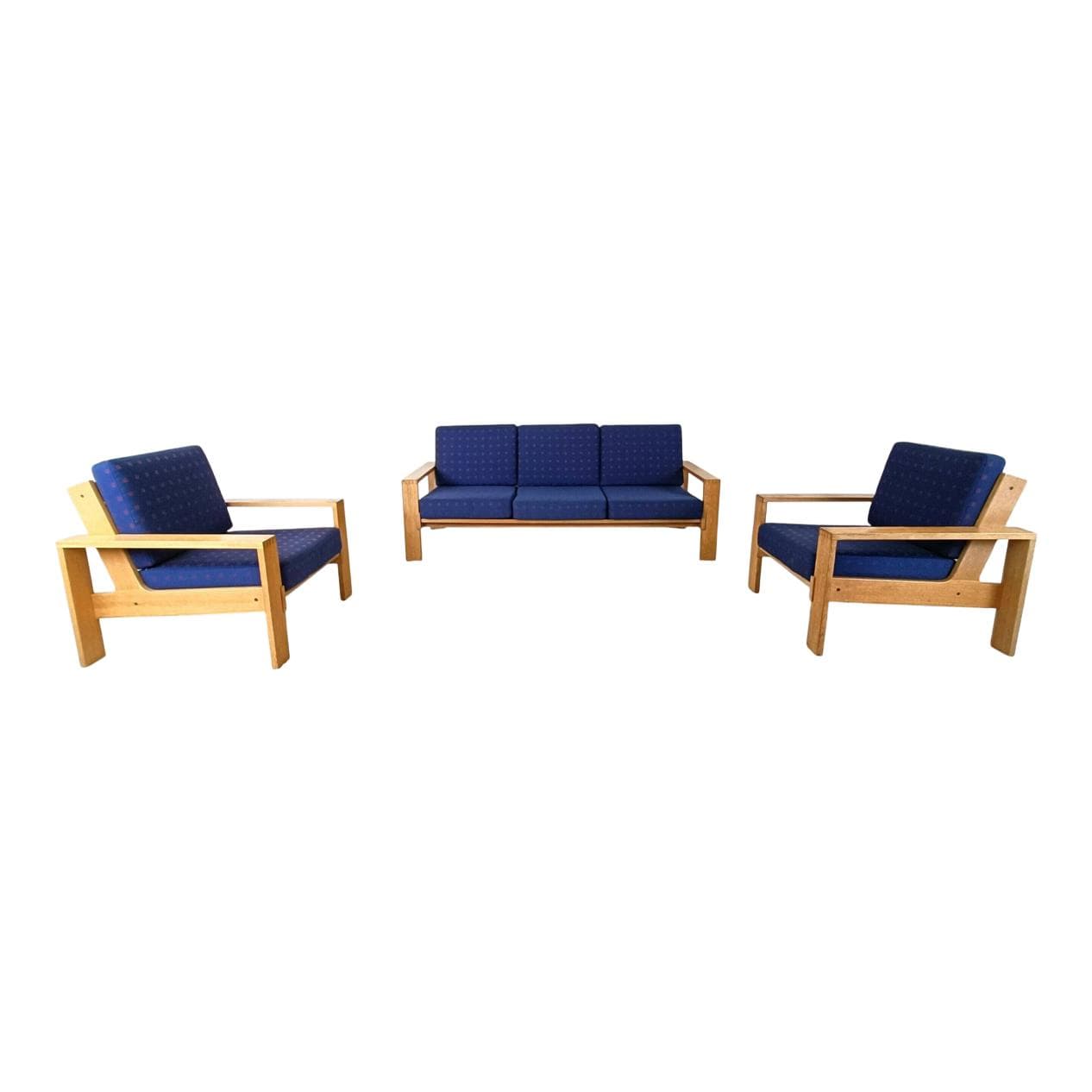 Three-piece Scandinavian sofa set, blue fabric, natural wood, Finland, 1970s.