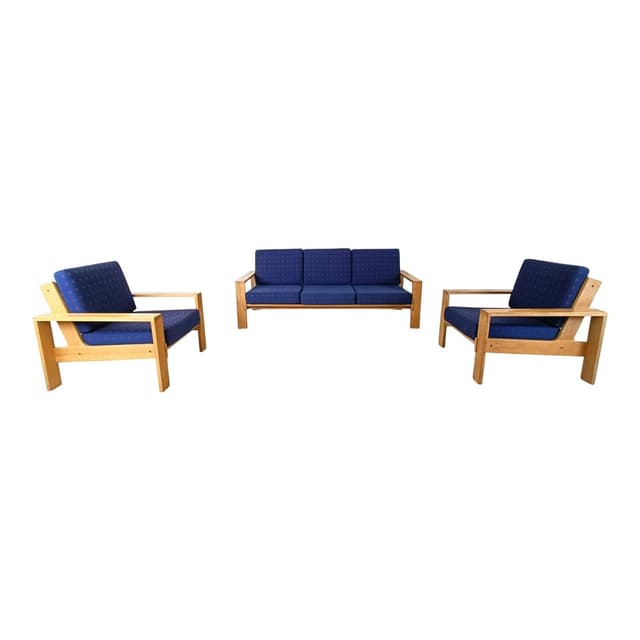 Three-piece Scandinavian sofa set, blue fabric, natural wood, Finland, 1970s. - DIMENSION