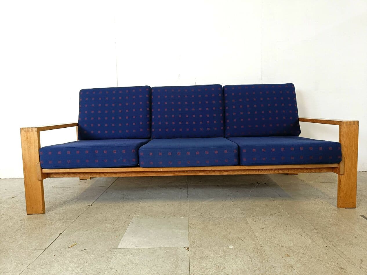 Three-piece Scandinavian sofa set, blue fabric, natural wood, Finland, 1970s. - 330247