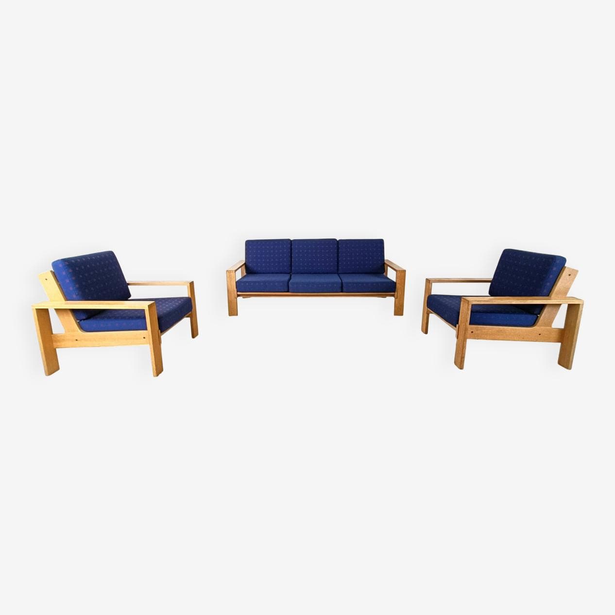 Three-piece Scandinavian sofa set, blue fabric, natural wood, Finland, 1970s. - 330242