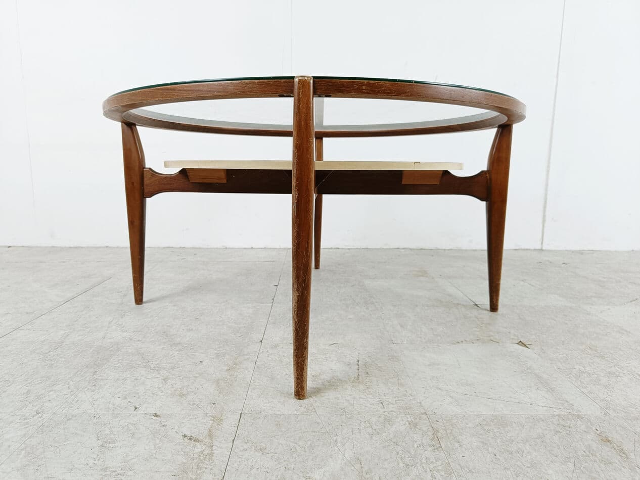 Round coffee table, brown wood, transparent glass, Italy, 1950s - 330225