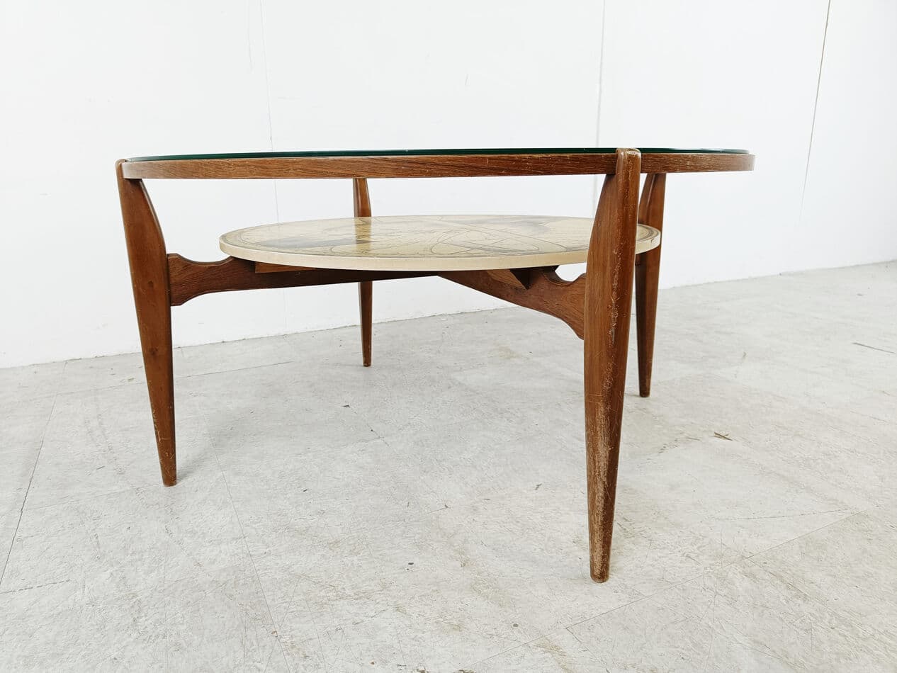 Round coffee table, brown wood, transparent glass, Italy, 1950s - 330220