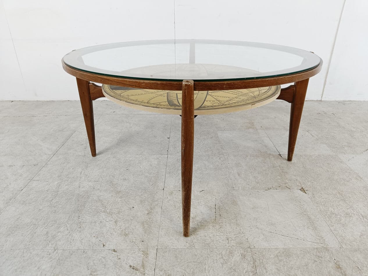 Round coffee table, brown wood, transparent glass, Italy, 1950s - 330223