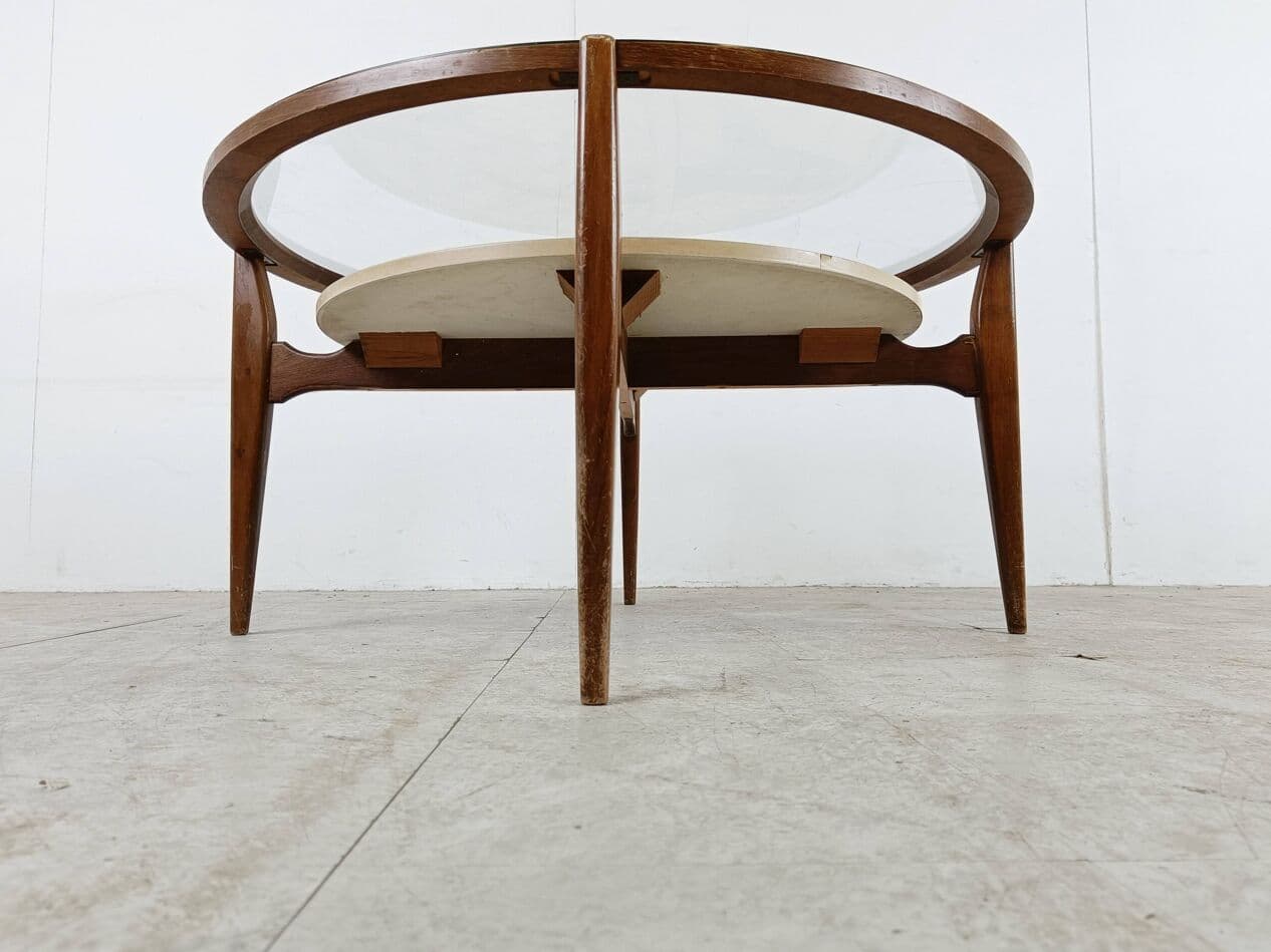 Round coffee table, brown wood, transparent glass, Italy, 1950s - 330224