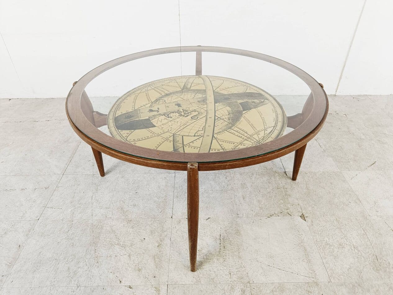 Round coffee table, brown wood, transparent glass, Italy, 1950s - 330219