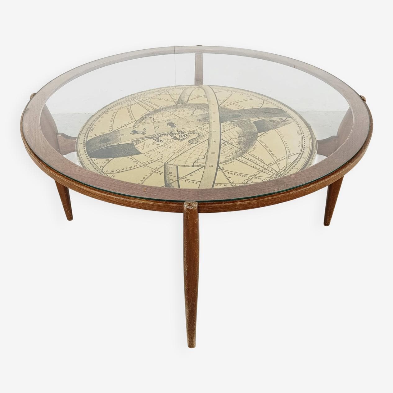 Round coffee table, brown wood, transparent glass, Italy, 1950s - 330226