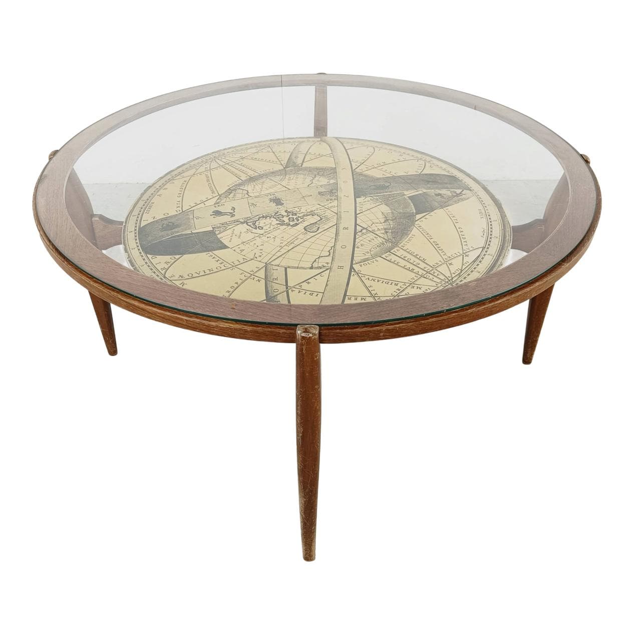Round coffee table, brown wood, transparent glass, Italy, 1950s