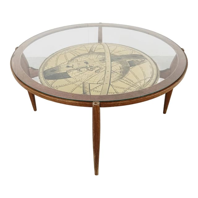 Round coffee table, brown wood, transparent glass, Italy, 1950s - DIMENSION