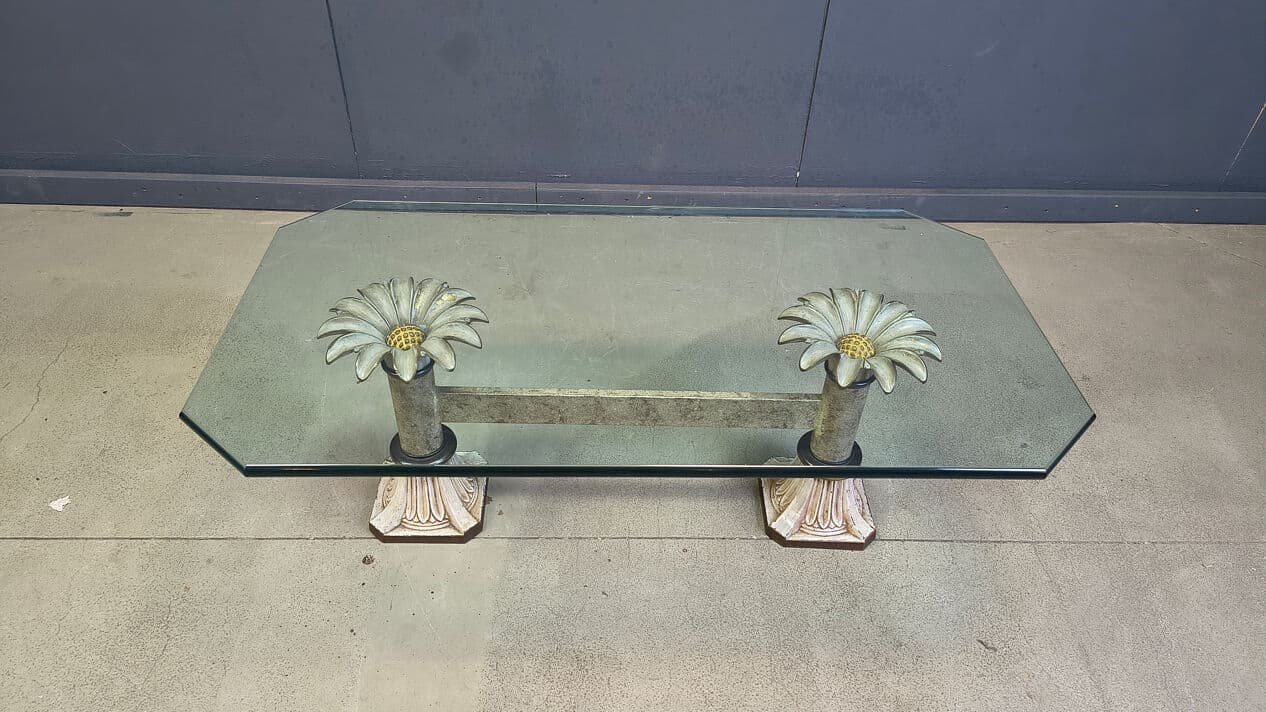 Coffee Table Flower, transparent glass, green gold cast iron, France, 1970s. - 330174