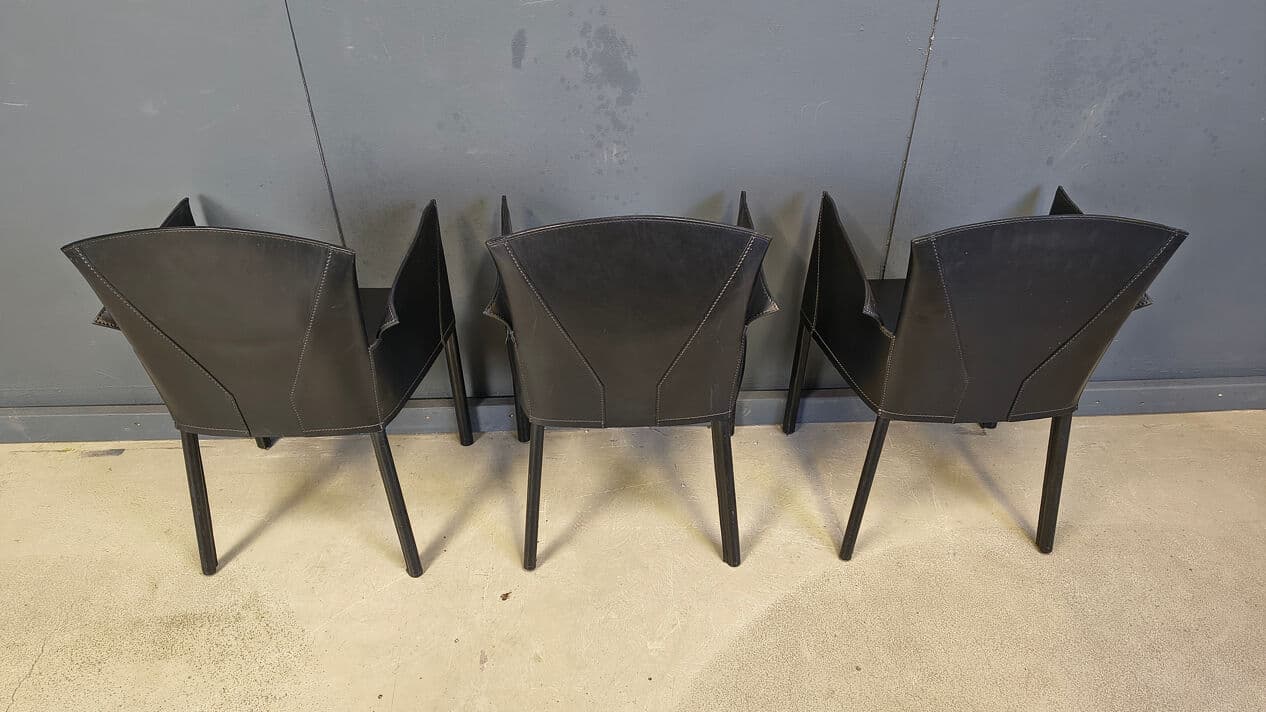Set of six dining armchairs, black leather, Italy, 1980s. - 330143