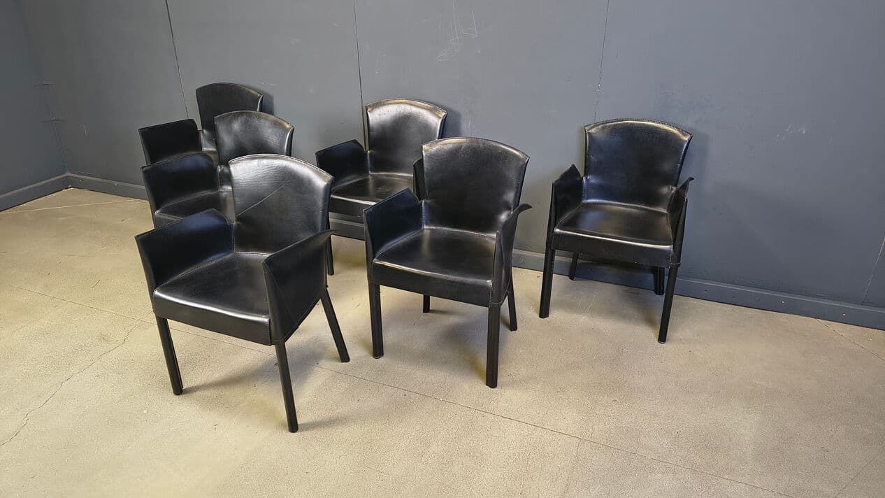 Set of six dining armchairs, black leather, Italy, 1980s. - 330142
