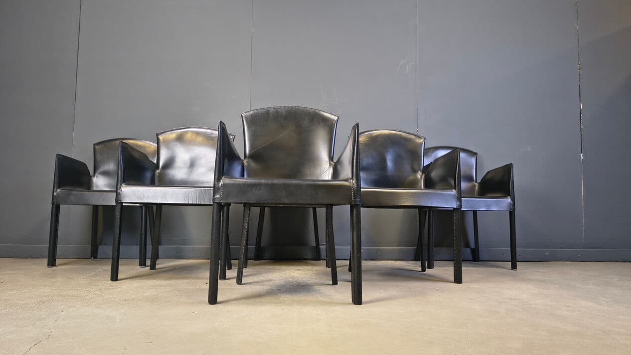 Set of six dining armchairs, black leather, Italy, 1980s. - 330141