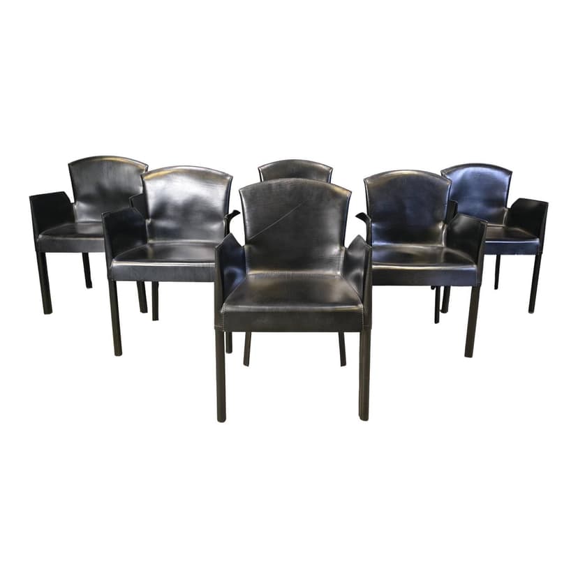 Set of six dining armchairs, black leather, Italy, 1980s.