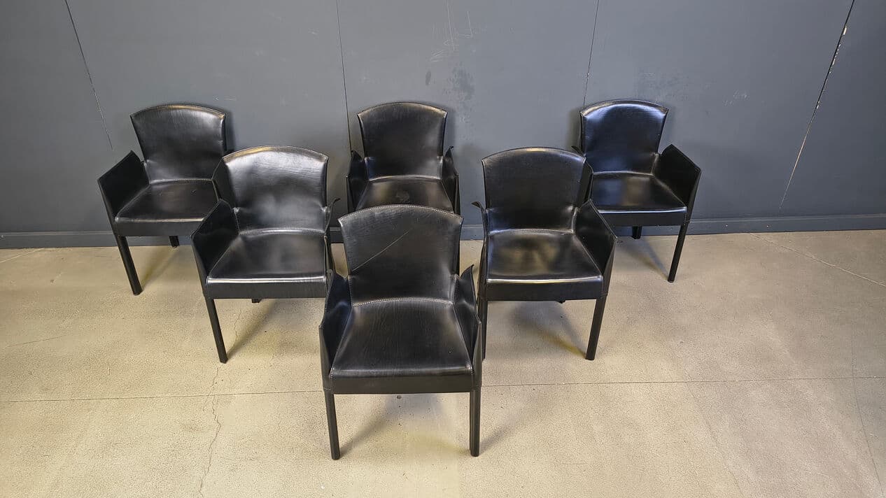 Set of six dining armchairs, black leather, Italy, 1980s. - 330147