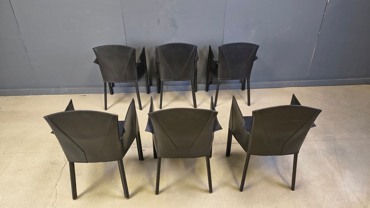 Set of six dining armchairs, black leather, Italy, 1980s. - 330146
