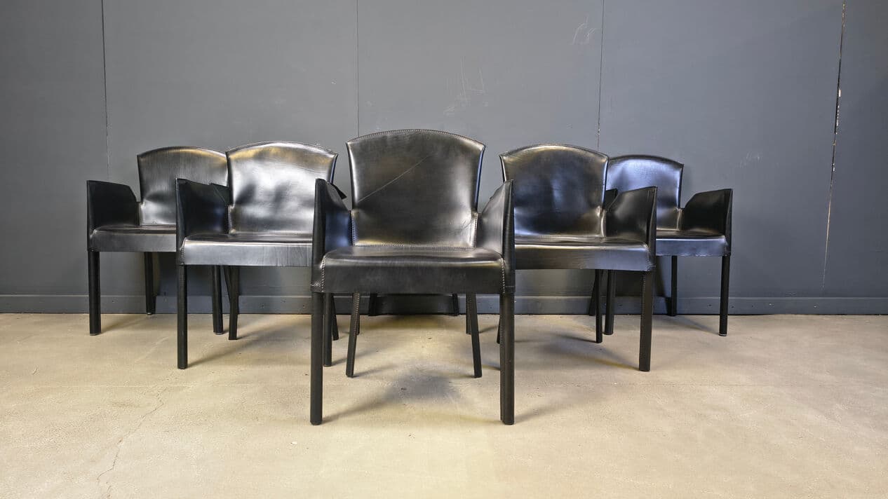 Set of six dining armchairs, black leather, Italy, 1980s. - 330138