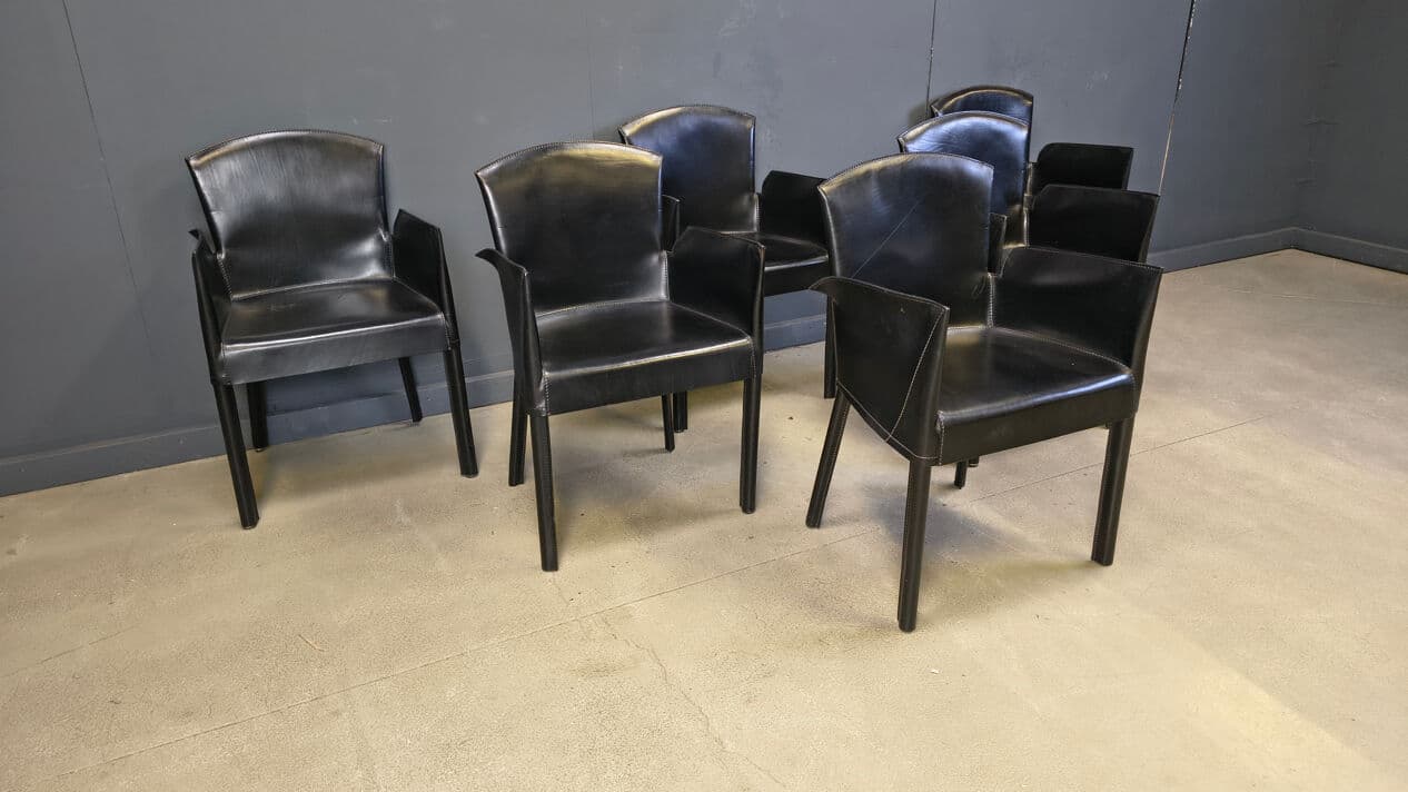 Set of six dining armchairs, black leather, Italy, 1980s. - 330144
